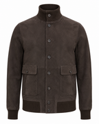 A dark brown suede jacket with a high stand-up collar, button-up front, and two front flap pockets, shown on a plain white background.