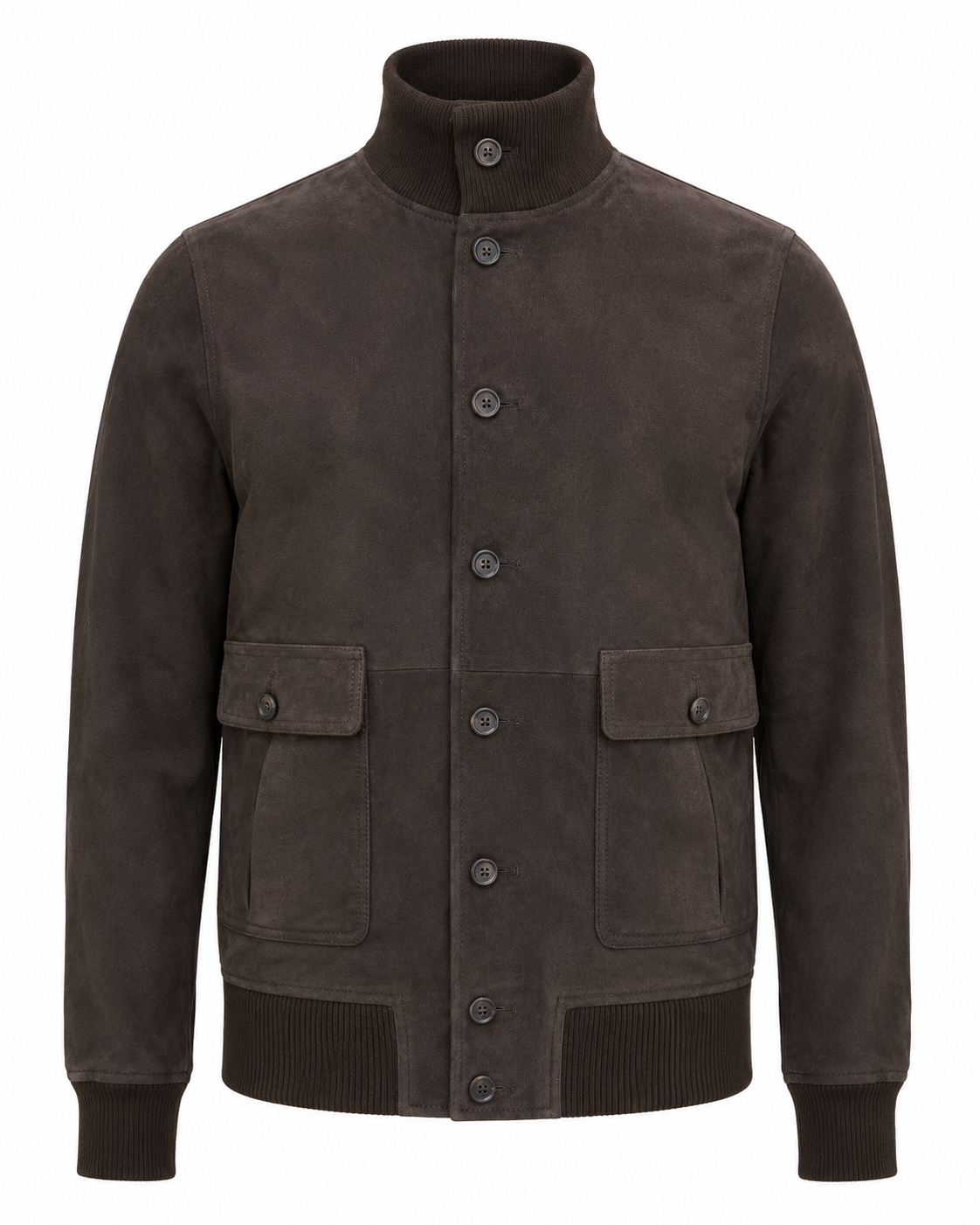 A dark brown suede jacket with a high stand-up collar, button-up front, and two front flap pockets, shown on a plain white background.