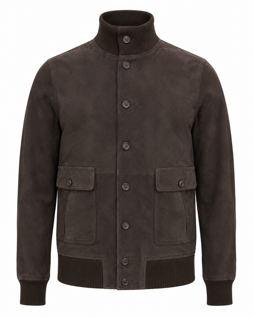 A dark brown suede jacket with a high stand-up collar, button-up front, and two front flap pockets, shown on a plain white background.