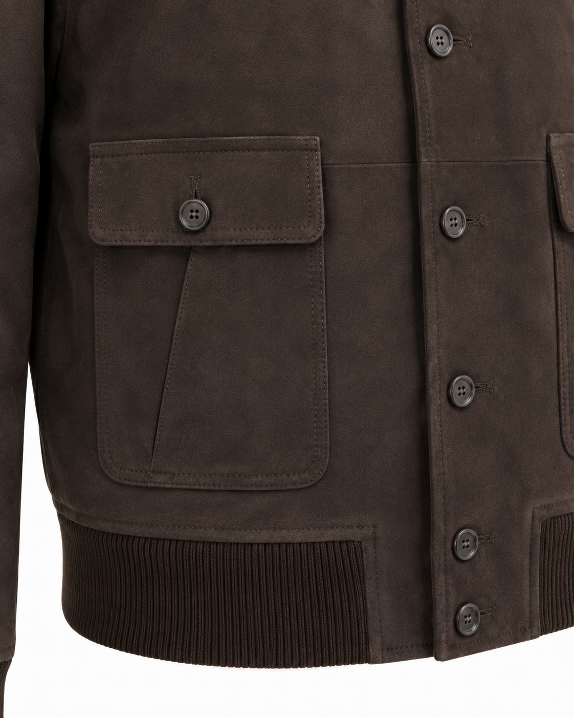 Close-up of a dark brown suede jacket featuring a buttoned chest pocket, ribbed knit hem, and matching dark buttons on the front closure.