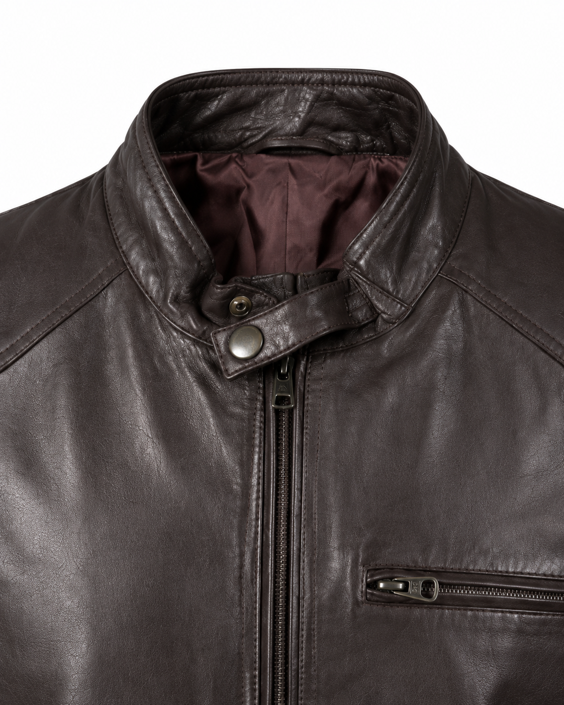 Snap-tab collar and zipped chest pocket detail