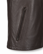 1. Vertical zipped hand pocket detail on dark brown leather jacket
