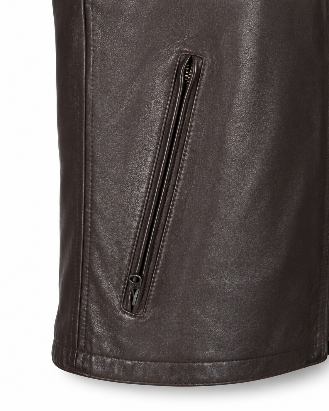 1. Vertical zipped hand pocket detail on dark brown leather jacket